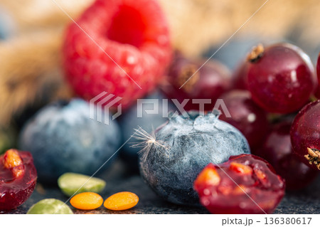 Natural background with different wild berries, macro shot. Natural background with different wild berries, macro shot. 136380617