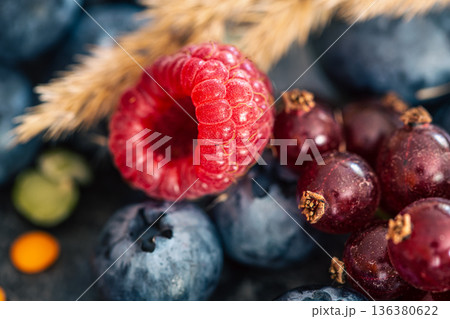 Natural background with different wild berries, macro shot. 136380622