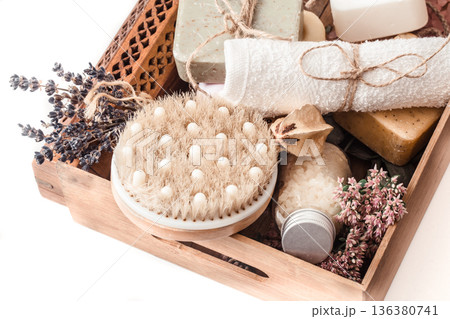organic spa products in a wooden box organic spa products in a wooden box 136380741