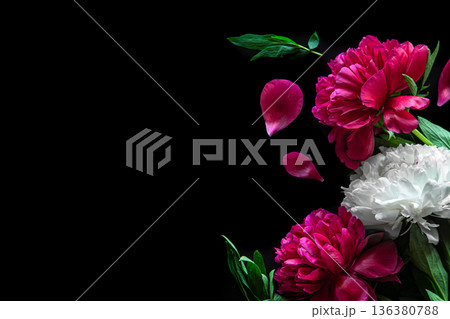 Pink peonies on a black background, flat lay. Pink peonies on a black background, flat lay. 136380788