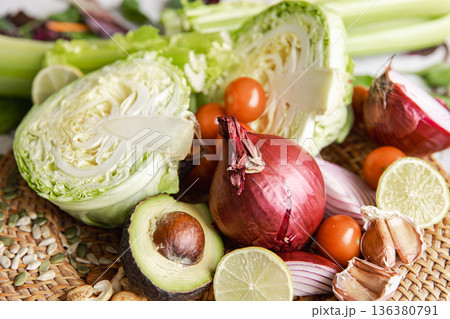 Plate with vegetables, seeds and nuts, generative AI. 136380791