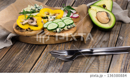 sandwiches healthy food on wooden background sandwiches healthy food on wooden background 136380884