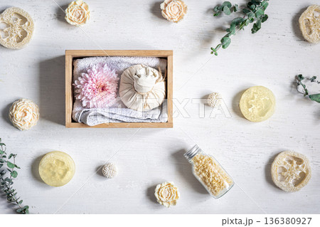 Spa composition flat lay on white background. Spa composition flat lay on white background. 136380927