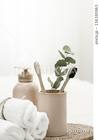 Spa composition with bamboo eco brushes on white background. 136380963
