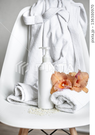 Spa composition with bath accessories and Thai orchid flowers. Spa composition with bath accessories and Thai orchid flowers. 136380970