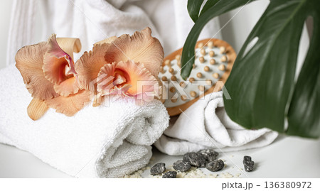 Spa composition with bath accessories and Thai orchid flowers. Spa composition with bath accessories and Thai orchid flowers. 136380972