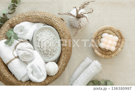 Spa composition with personal hygiene items, body care concept. Spa composition with personal hygiene items, body care concept. 136380997