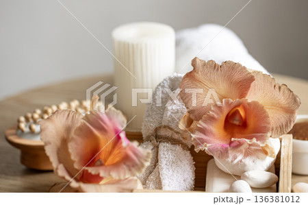 Spa composition with Thai orchid flowers and bath accessories. Spa composition with Thai orchid flowers and bath accessories. 136381012