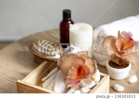 Spa composition with Thai orchid flowers and bath accessories. 136381013