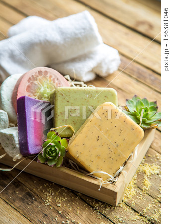 Spa soap in a wooden box Spa soap in a wooden box 136381046
