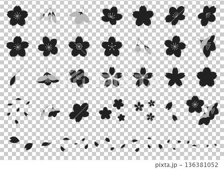 A set of silhouette illustrations of cherry blossoms in various shapes A set of silhouette illustrations of cherry blossoms in various shapes 136381052
