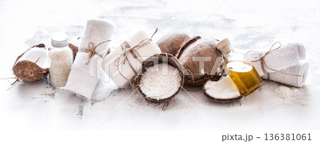 Spa still life of organic cosmetics with coconuts Spa still life of organic cosmetics with coconuts 136381061