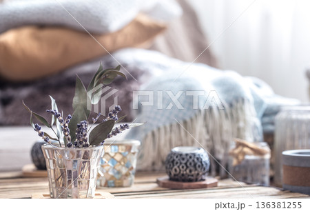still life with home decor elements on the table 136381255