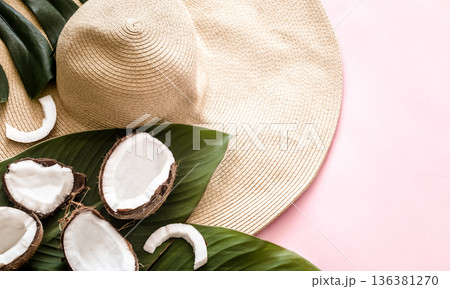 Summer still life with beach hat and coconut Summer still life with beach hat and coconut 136381270
