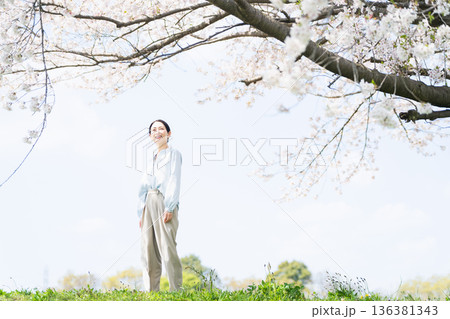桜の木を見上げる若い女性 ライフスタイルイメージ 桜の木を見上げる若い女性 ライフスタイルイメージ 136381343