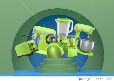 Set of kitchen appliances including mixer, toaster, blender, and coffee maker on white colorful podium and background Set of kitchen appliances including mixer, toaster, blender, and coffee maker on white colorful podium and background 136382097