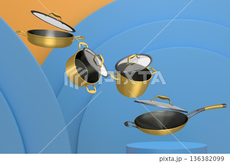 Set of kitchen cookware set with lids floating in midair, over colorfull podium and backdrop, concept of premium utensils Set of kitchen cookware set with lids floating in midair, over colorfull podium and backdrop, concept of premium utensils 136382099