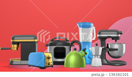 Set of kitchen appliances and utensils floating in mid-air over podium and abstract background, modern cooking concepts 136382101