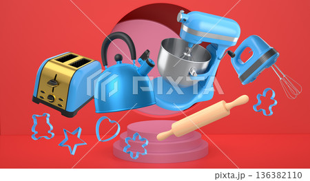 Set of kitchen appliances with baking tools and cookie cutters floating over podium, concept of modern cooking Set of kitchen appliances with baking tools and cookie cutters floating over podium, concept of modern cooking 136382110