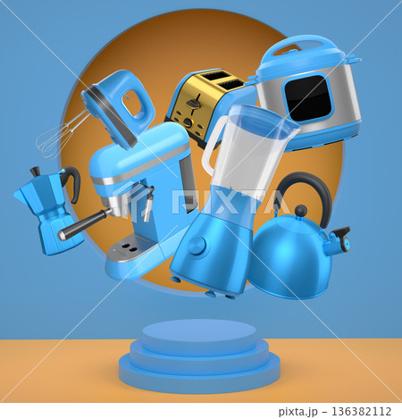 Set of kitchen appliances and utensils floating in mid-air over podium and abstract background, modern cooking concepts Set of kitchen appliances and utensils floating in mid-air over podium and abstract background, modern cooking concepts 136382112