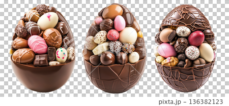 Assortment of chocolate Easter eggs in decorative chocolate shell, isolated on white transparent background. Assortment of chocolate Easter eggs in decorative chocolate shell, isolated on white transparent background. 136382123