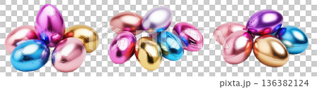 Set of Chocolate Easter eggs wrapped in metallic foil of gold, silver, pink, and blue isolated on white transparent background Set of Chocolate Easter eggs wrapped in metallic foil of gold, silver, pink, and blue isolated on white transparent background 136382124