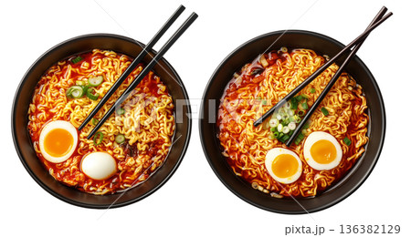 Delicious Korean ramen with boiled eggs, grilled pork, onions, and seaweed in black bowl isolated on white background Delicious Korean ramen with boiled eggs, grilled pork, onions, and seaweed in black bowl isolated on white background 136382129