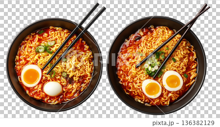 Delicious Korean ramen with boiled eggs, grilled pork, onions, and seaweed in black bowl isolated on white background 136382129