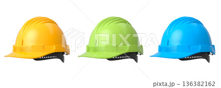Set of construction safety helmets isolated on white transparent background, symbolizing safety and industry standards Set of construction safety helmets isolated on white transparent background, symbolizing safety and industry standards 136382162