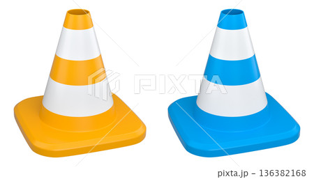 Traffic safety cones with white stripes, isolated on white background with clipping path. Concept of road safety equipment Traffic safety cones with white stripes, isolated on white background with clipping path. Concept of road safety equipment 136382168