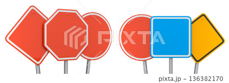 Blank traffic signs with different shapes and colors on metal poles on white background with clipping path, concept of road safety Blank traffic signs with different shapes and colors on metal poles on white background with clipping path, concept of road safety 136382170