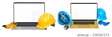 Laptops with blank screens surrounded by construction helmets, respirators and earmuffs on white background with clipping path Laptops with blank screens surrounded by construction helmets, respirators and earmuffs on white background with clipping path 136382173
