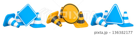 Construction traffic cones and road signs isolated on white background with clipping path, concept of safety gear 136382177