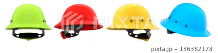 Set of construction safety helmets isolated on white transparent background, symbolizing safety and industry standards Set of construction safety helmets isolated on white transparent background, symbolizing safety and industry standards 136382178
