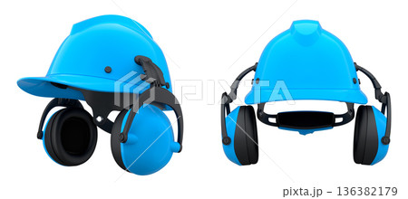 Protective helmets with attached earmuffs isolated on white background with clipping path, safety construction equipment 136382179