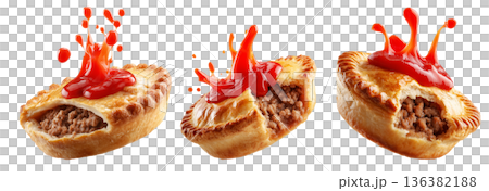 Set of Australia meat pie filled with minced meat  and topped with ketchup, isolated on white transparent background 136382188