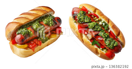 Argentina grilled sausage sandwich topped with grilled chorizo, chimichurri and sliced peppers, isolated on white background Argentina grilled sausage sandwich topped with grilled chorizo, chimichurri and sliced peppers, isolated on white background 136382192