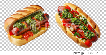 Argentina grilled sausage sandwich topped with grilled chorizo, chimichurri and sliced peppers, isolated on white background Argentina grilled sausage sandwich topped with grilled chorizo, chimichurri and sliced peppers, isolated on white background 136382192
