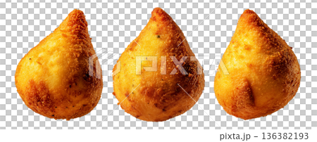 Fried Brazilian coxinhas cone snack filled shredded chicken cheese with golden crispy texture isolated on white background Fried Brazilian coxinhas cone snack filled shredded chicken cheese with golden crispy texture isolated on white background 136382193