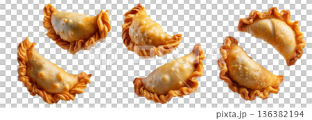 Fried baked pastry empanadas filled with ground beef cheese ham and crimped edges, isolated on white background Fried baked pastry empanadas filled with ground beef cheese ham and crimped edges, isolated on white background 136382194