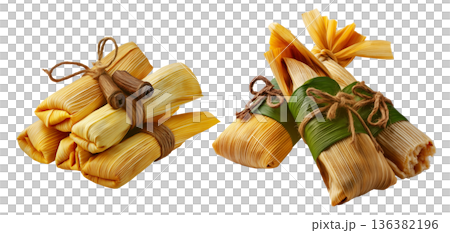 Peru Corn tamales with meat filling and steamed vegetables, wrapped in corn husks, isolated on white background Peru Corn tamales with meat filling and steamed vegetables, wrapped in corn husks, isolated on white background 136382196