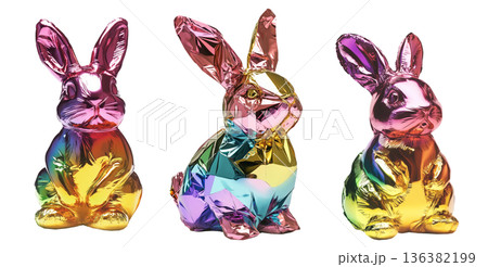 Set of metallic rabbit shaped balloon with vibrant colors including pink, gold, blue, and green, on white transparent background Set of metallic rabbit shaped balloon with vibrant colors including pink, gold, blue, and green, on white transparent background 136382199