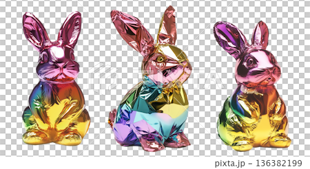Set of metallic rabbit shaped balloon with vibrant colors including pink, gold, blue, and green, on white transparent background Set of metallic rabbit shaped balloon with vibrant colors including pink, gold, blue, and green, on white transparent background 136382199