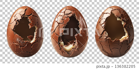 Set of Cracked Easter chocolate egg with hollow center, isolated on white transparent background. Festive holiday candy concept 136382205