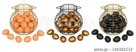 Wire baskets filled with eggs, isolated on white transparent background, concept of kitchen storage 136382212