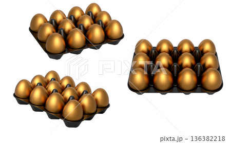 Plastic trays filled with neatly stacked gold eggs, isolated on white transparent background. 136382218