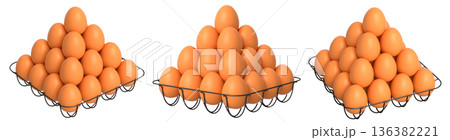 Metal trays filled with neatly stacked brown eggs, isolated on white transparent background. Metal trays filled with neatly stacked brown eggs, isolated on white transparent background. 136382221