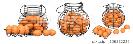 Wire baskets filled with eggs, isolated on white transparent background, concept of kitchen storage Wire baskets filled with eggs, isolated on white transparent background, concept of kitchen storage 136382222