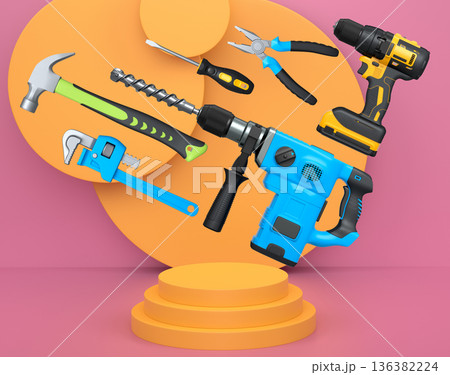 Construction tools and safety equipment floating over podium on abstract background, industrial work and protection concept Construction tools and safety equipment floating over podium on abstract background, industrial work and protection concept 136382224