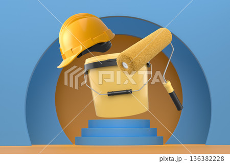 Hard hat, paint bucket and roller brush floating in air over podium on abstract background, renovation and construction tools Hard hat, paint bucket and roller brush floating in air over podium on abstract background, renovation and construction tools 136382228